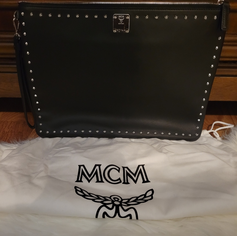 Black leather MCM clutch